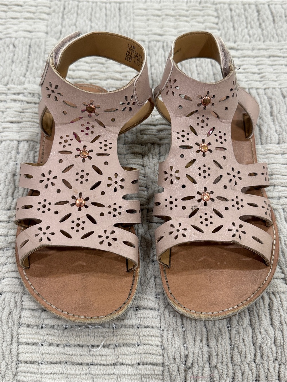 Rachel Shoes Blush Pink Laser-Cut Floral T-Strap Sandals